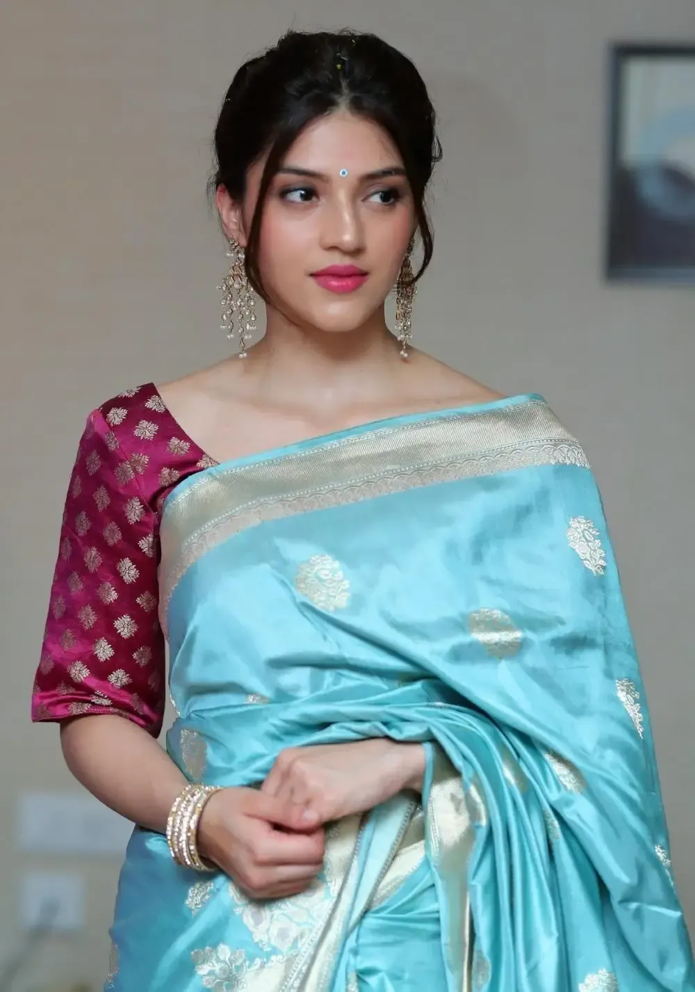 Indian Actress Mehrene Kaur In Traditional Blue Silk Saree